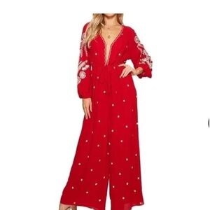Free People Jumpsuit Sz XS Red Embroidered Wide Leg V-neck Bohemian